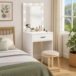 Contemporary White Vanity Unit with Mirror and LED Lighting