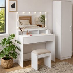 White Dressing Table with Integrated Mirror and LED Lighting