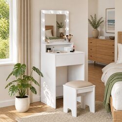 LED-Illuminated White Dressing Table with Storage