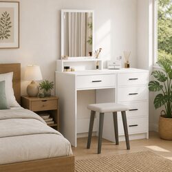 Functional White Bedroom Vanity with Mirror and Storage Options