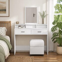 White Engineered Wood Dressing Table with Mirror and Drawers