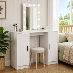 Dressing Table with Mirror and USB LED Lighting, White