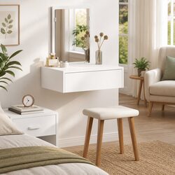 White Engineered Wood Dressing Table with Mirror and Drawers
