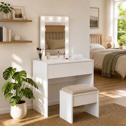 White Engineered Wood Dressing Table with Integrated Mirror