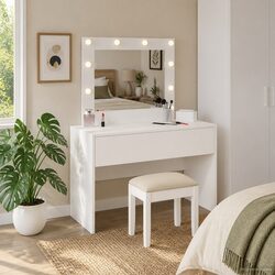 White Dressing Table with Integrated Mirror and Storage