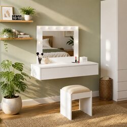 White Engineered Wood Dressing Table with Integrated Mirror