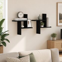 Floating Wall Shelves – Black Engineered Wood, 2-Pack