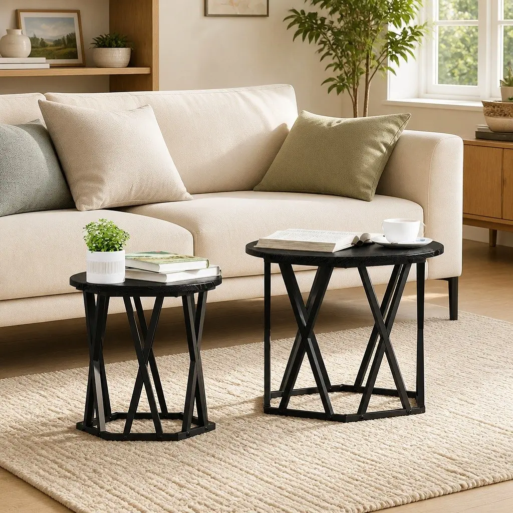 Round Side Table Modern Minimalist Black Set of 2