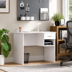 White Engineered Wood Writing Desk with Drawer and Storage