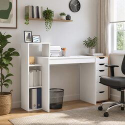 Engineered Wood White Desk with Shelf Storage for Offices