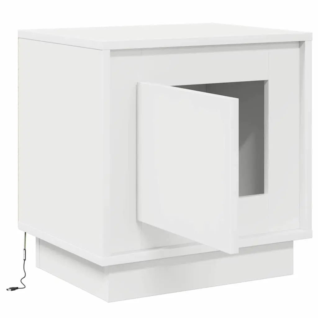 Bedside Table LED USB Storage White Engineered Wood 2 Piece