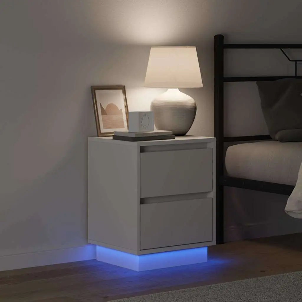 Bedside Cabinet Compact White with LED String Lights 2 Piece