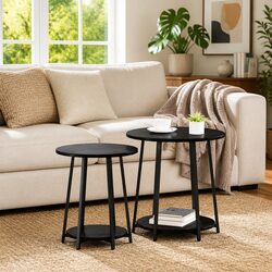Set of 2 Black Round Side Tables with Shelf
