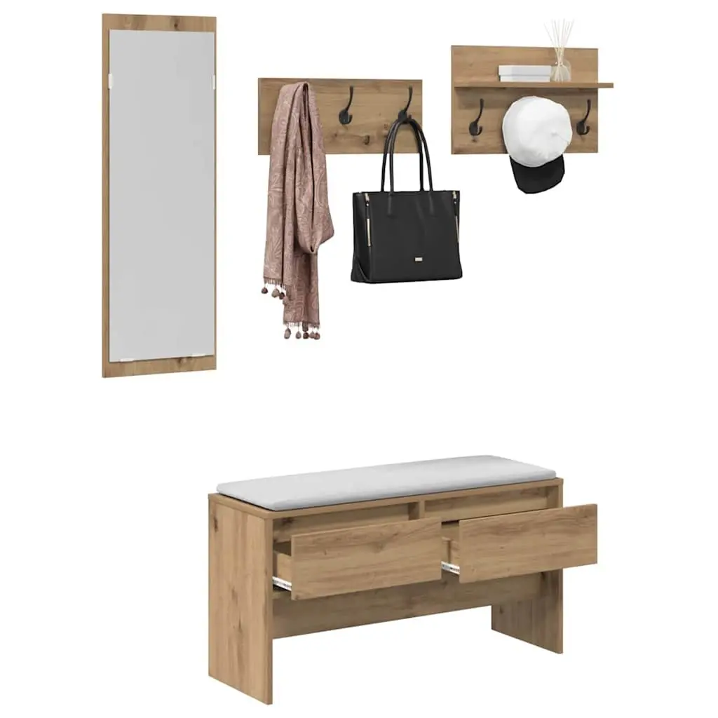 Hallway Furniture Set Storage Bench Coat Racks Mirror Modern Brown