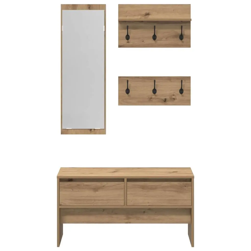 Hallway Furniture Set Storage Bench Coat Racks Mirror Modern Brown