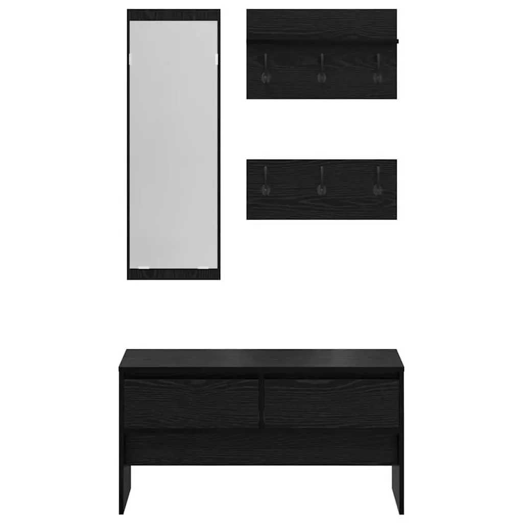 Hallway Furniture Set Storage Bench Mirror Coat Racks Black 4 Piece
