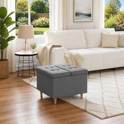 Storage Ottoman with Cushion, Grey Fabric, 60x60x45cm