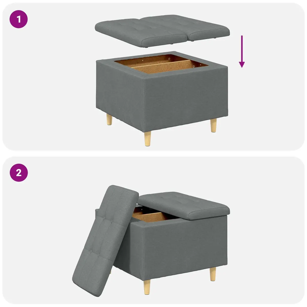 Storage Ottoman with Cushion Grey 60x60x45cm