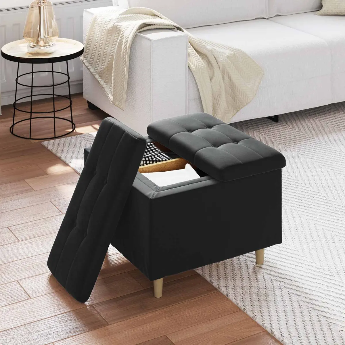Black Velvet Storage Ottoman with Tufted Cushion 60x60x45cm