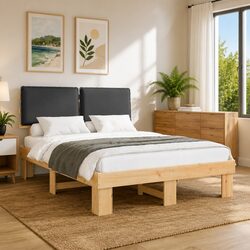 Grey Bed Frame with Upholstered Headboard 135 x 190 cm