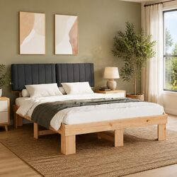 Grey Wooden Bed Frame with Upholstered Headboard 150 x 200 cm