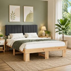 Grey Bed Frame with Upholstered Headboard, 135 x 190 cm