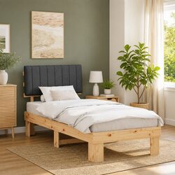 Wooden Bed Frame with Grey Upholstered Headboard 90 x 190 cm