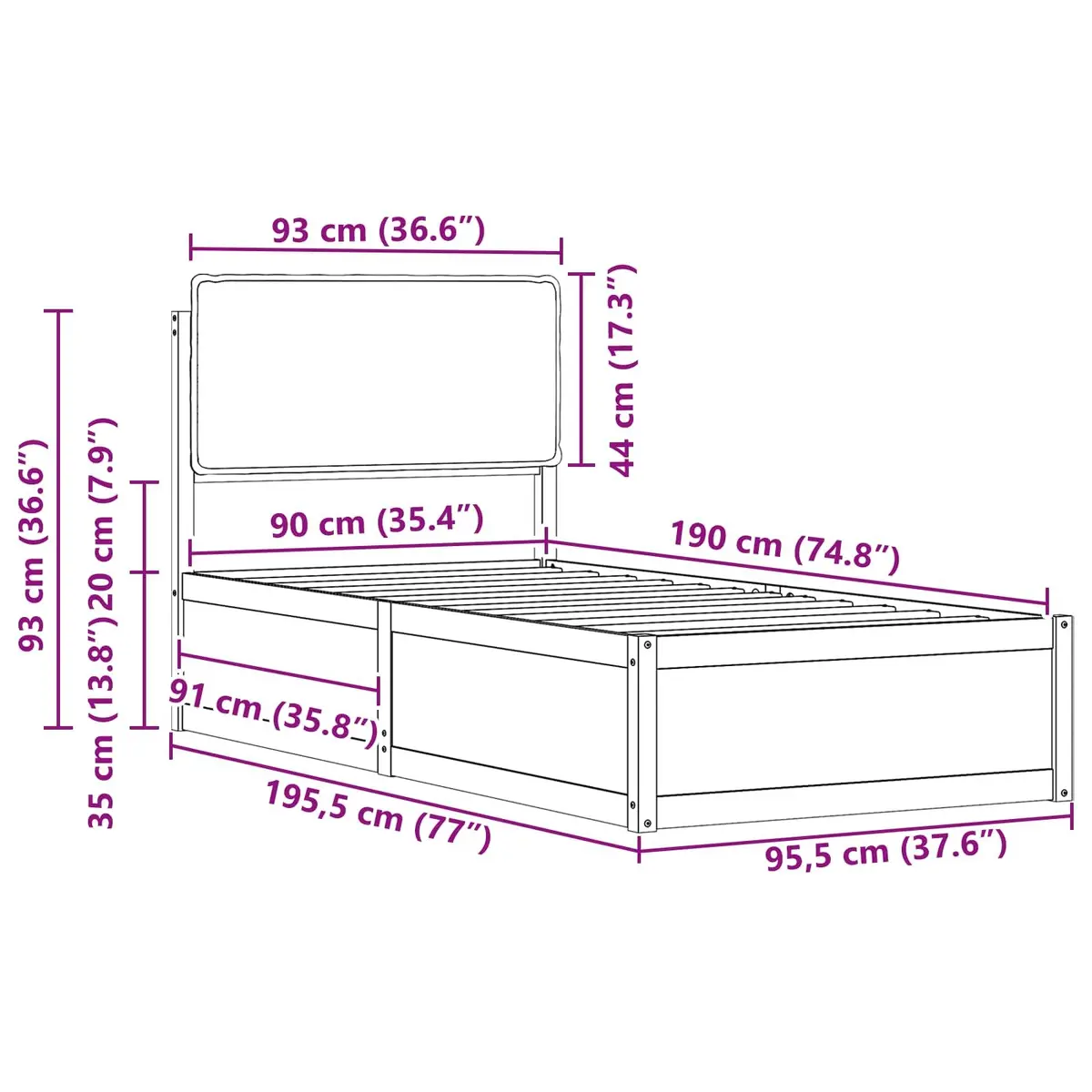 Bed Frame Upholstered Headboard Comfort 90 x 190 cm Grey