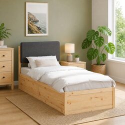 Wooden Bed Frame with Upholstered Headboard Grey 90 x 190 cm