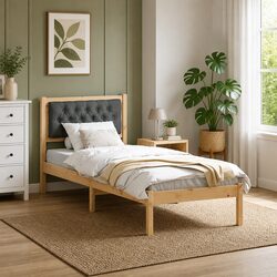 Solid Pine Wood Bed Frame with Upholstered Headboard 90 x 190 cm