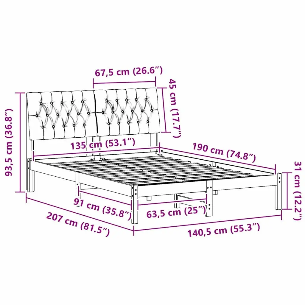 Bed Frame Platform Slatted Base Wall-Mounted Headboard 135 x 190 cm Brown with Light Grey