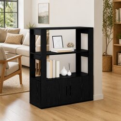 Black Oak Sideboard with Flush Doors and Storage Shelves