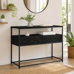 Black Engineered Wood Console Table with Board Shelves