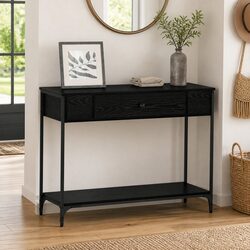Black Oak Console Table with Storage Drawers