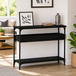 Black Oak Console Table with Steel Frame and Shelf