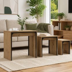 Nesting Coffee Table Set of 3 with Steel Frame, Brown