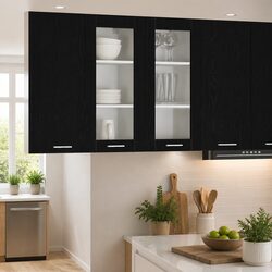 Set of 2 Hanging Kitchen Cabinets in Black Oak
