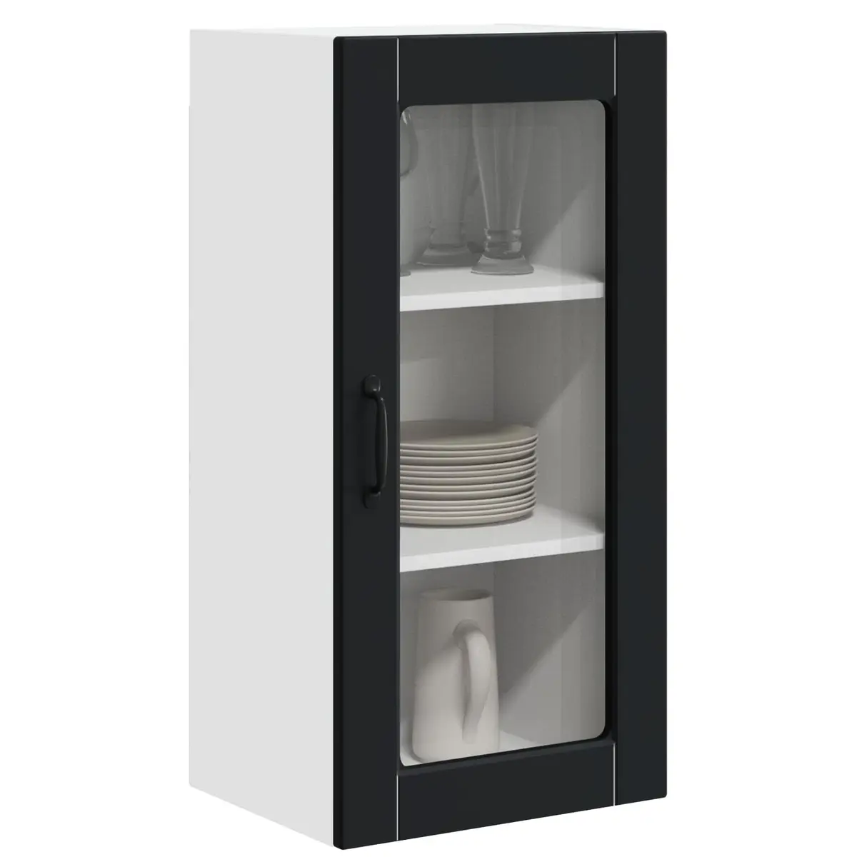 Wall Glass Cabinet Black Wooden Storage Kitchen Furniture Display Unit