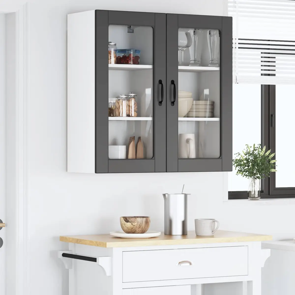 Wall Glass Cabinet Black Wooden Storage Kitchen Furniture Display Unit