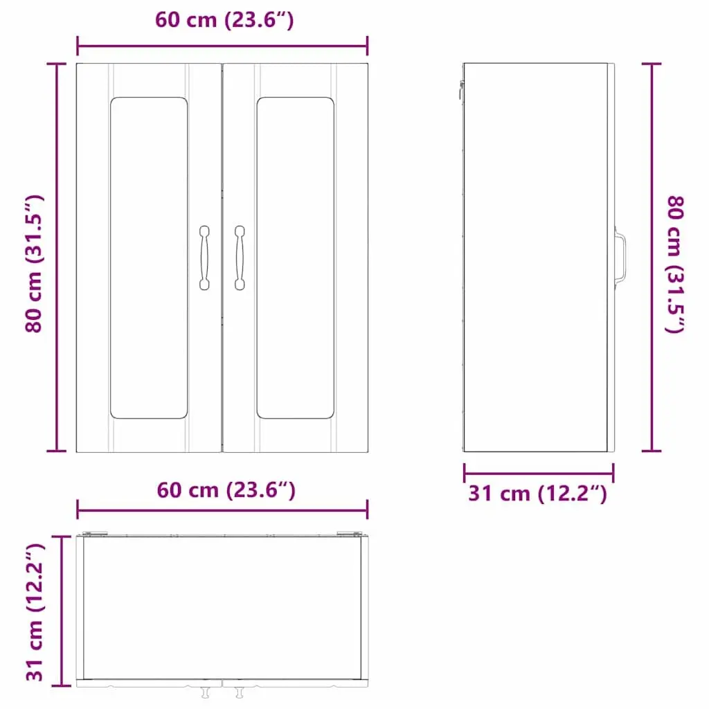 Wall Glass Cabinet Modern Kitchen Storage Engineered Wood Black 60 x 31 x 80 cm