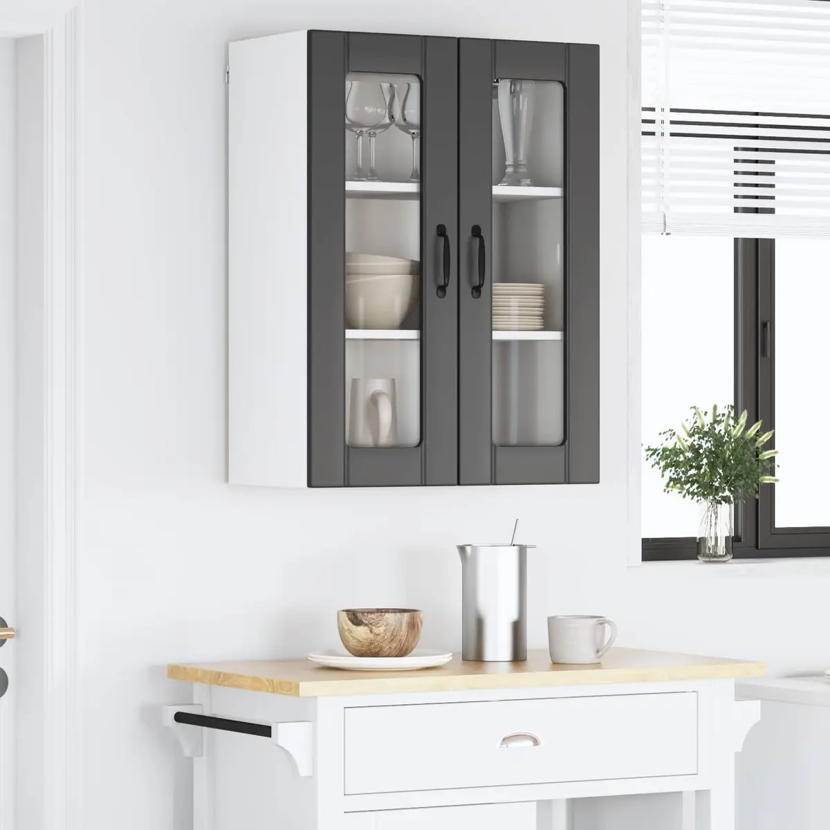 Wall Glass Cabinet Modern Kitchen Storage Engineered Wood Black 60 x 31 x 80 cm