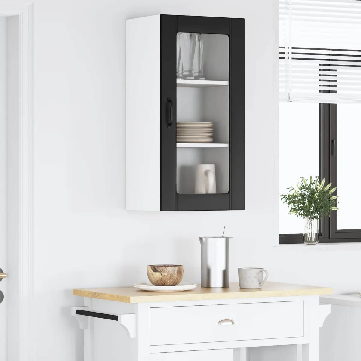 Wall Glass Cabinet Storage Modern Kitchen Shelving Unit Wall-mounted 40x31x80cm Black