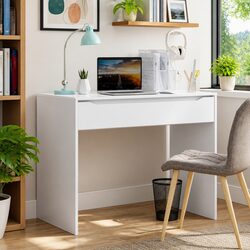 Rectangular White Engineered Wood Desk with Drawer
