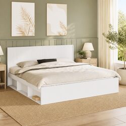 Vertical Slat Design White Engineered Wood Bed Frame