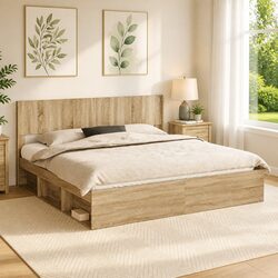 Vertical Slat Brown Engineered Wood Headboard for Beds