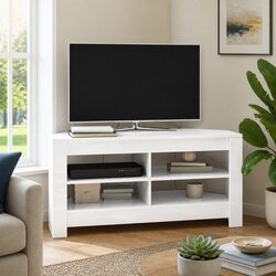 Modern High Gloss White Corner TV Cabinet with Storage Shelves
