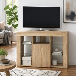 Grey Corner LED TV Cabinet with Shelving and Lighting