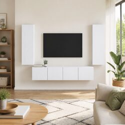 Two-Piece White TV Wall Cabinet with Shelves