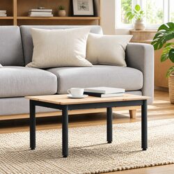 Solid Pine Wood Coffee Table with Square Metal Legs