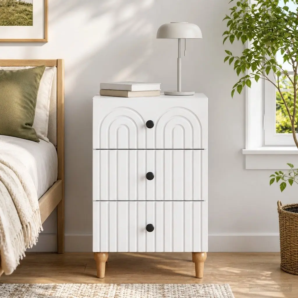 Bedside Table Engineered Wood Compact White Nightstand with Smooth-Gliding Drawers